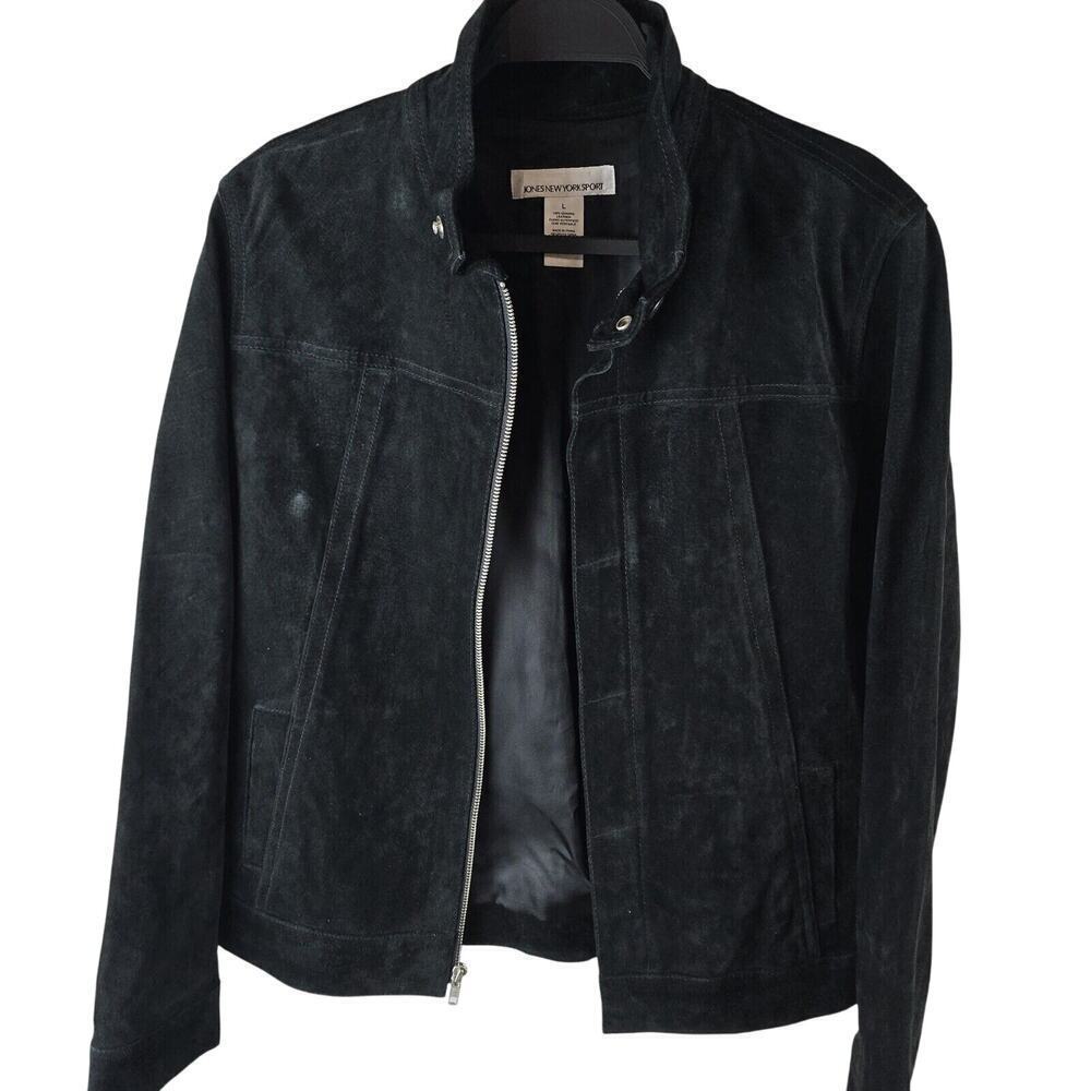 Jones Sport Black Suede Leather Jacket Womens Large Y2K New Bomber Classic - Picture 5 of 16